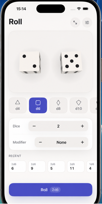 Dicelet on an iPhone: two 3D d6 dice in the tray, a die type selector, dice and modifier steppers, and a Roll 2d6 button