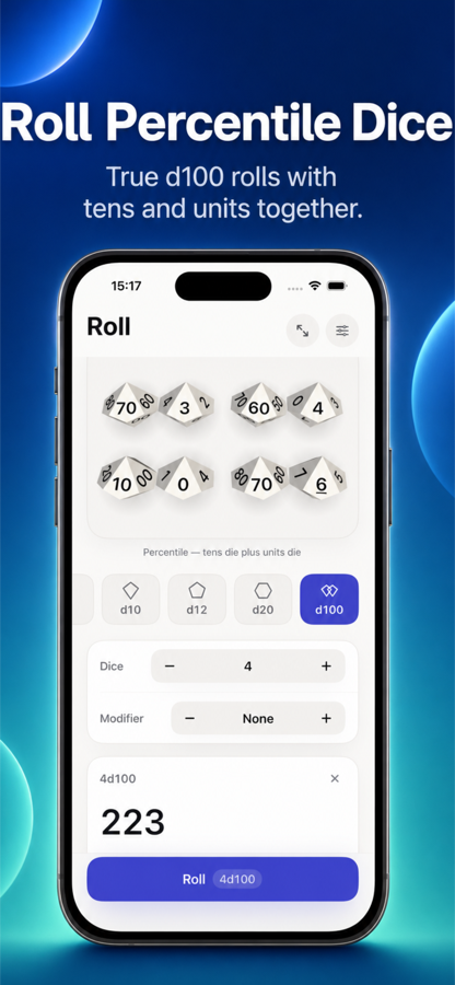 Roll percentile dice — true d100 rolls with tens and units together